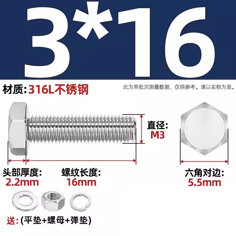 316L acero inoxidable perno hexagonal macho conjunto de tuerca de tornillo conjunto de cojín elástico plano completo M6M8M10M12-M20 image 11