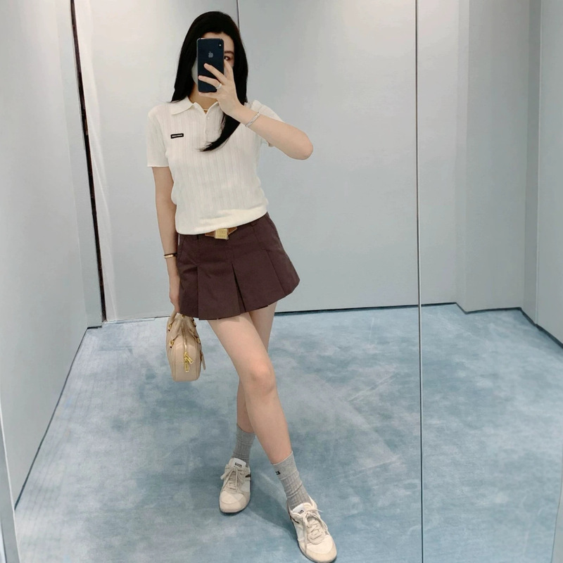 Wool and Silk Blend Ready-To-Ship Women's Top Miu-Style Letter Patch Polo Collar Hollow-Out Knit Short-Sleeve T-Shirt