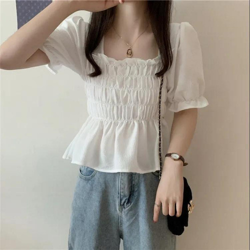 Summer Korean Version Plump Sister Slimming Top Women's Collar Plication Wood Ear Edge Versatile Shirt Women's Short Sleeve Chiffon Shirt