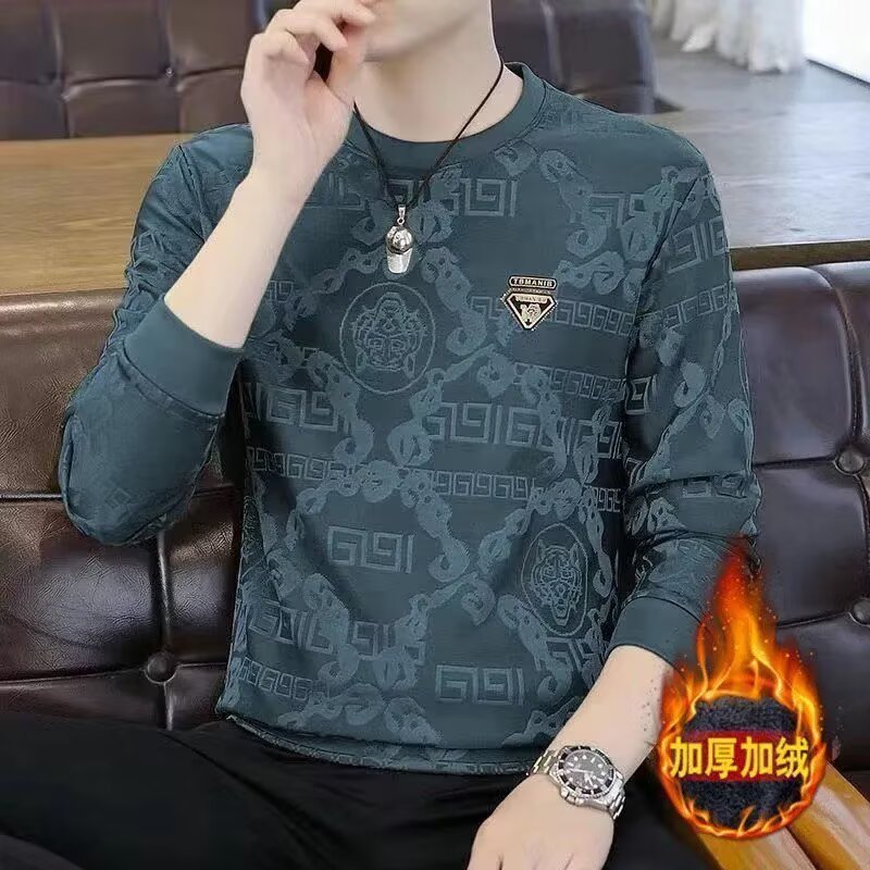 2025 otoño invierno camiseta Jacquard suelta nueva camiseta de cuello redondo camiseta de tendencia para hombres camiseta de manga larga