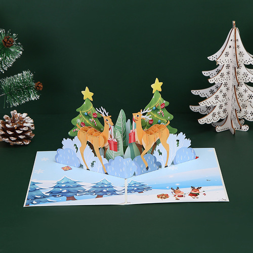 Cross-border Christmas 3D stereoscopic greeting card, new color printed Christmas reindeer paper cutting 3D greeting card, blessing card wholesale