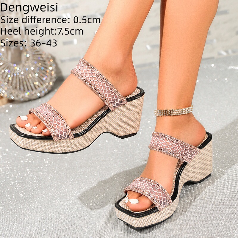 Summer new European and American style women's wedge sandals with mesh, rhinestones, double straps, square toe, thick sole, and high heel for outdoor wear Summer new European and American style women's wedge sandals with mesh, rhinestones, double straps, square toe, thick sole, and high heel for outdoor wear