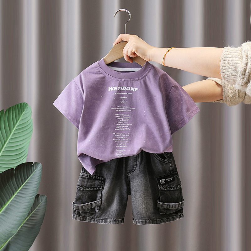 7132 Traje de manga corta de verano para niños, chico guapo, ropa de moda coreana, camiseta de dos piezas de verano con letras