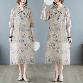 实拍棉麻大码女装复古棉麻v领设计感旗袍女夏显瘦遮肉a字连衣裙