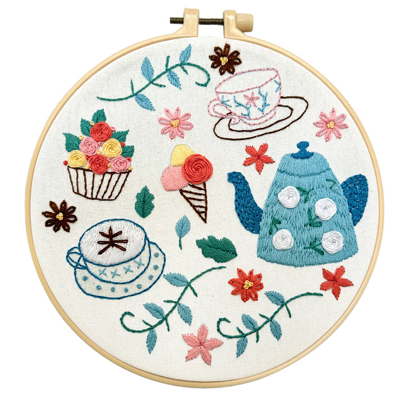 Lu bordado redondo tiempo de té de la tarde pintura colgante bordada a mano DIY material paquete de dibujos animados impresión infantil pintura colgante de pájaros