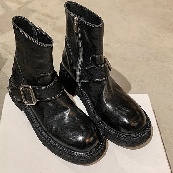 Horsehide Version~[Sheii Su Yinyin] Washed Shrink Pattern Horsehide Side Zipper Fleece-Lined Motorcycle Short Boots for Women