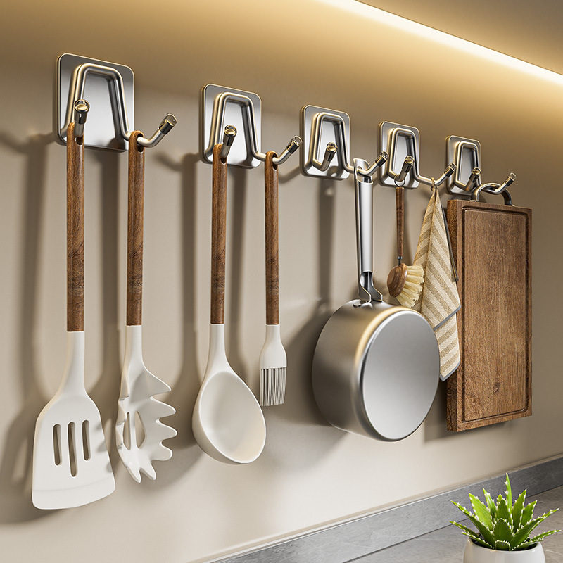 No-Drill Kitchen Hooks, Stainless Steel Strong Adhesive Hooks, Door Hooks, Bathroom Hooks, Adhesive-Backed Hooks