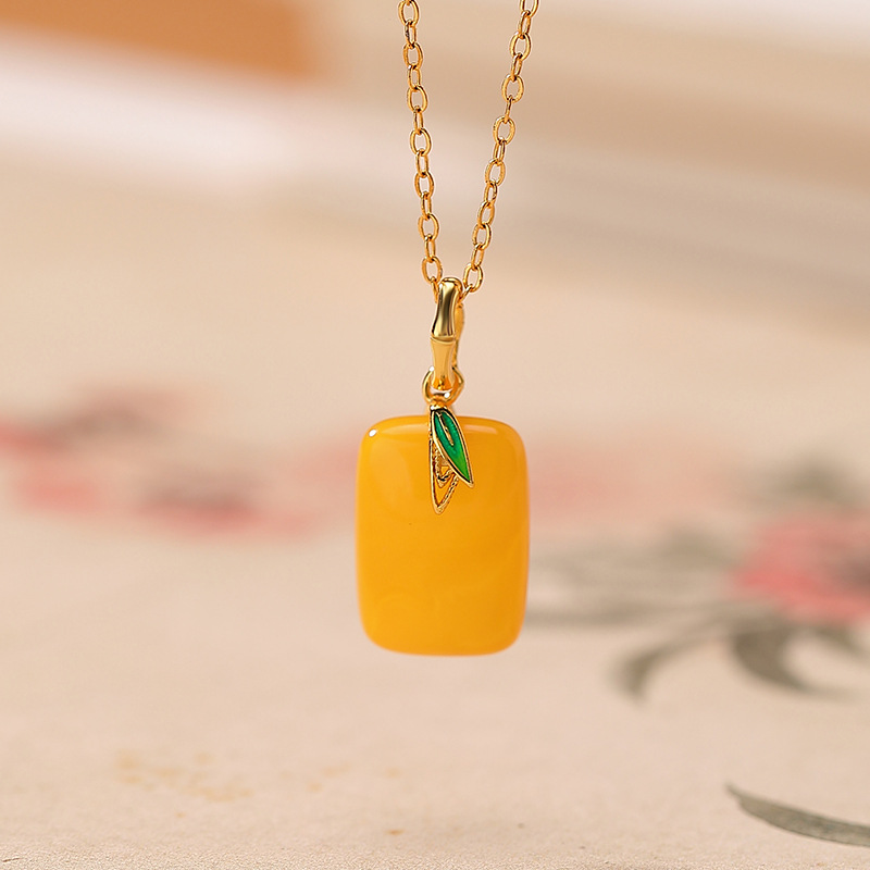 Mặt dây chuyền bạc S925 mạ vàng hình sáp ong phong cách Trung Hoa lá tre yên bình vuông men — Mặt dây chuyền đơn (không bao gồm dây chuyền)