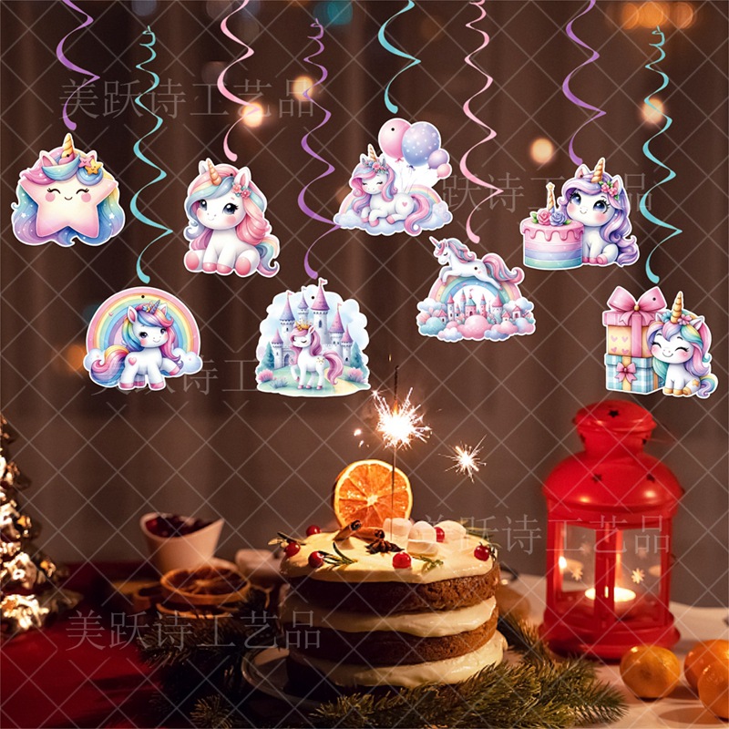 Unicornio tema de fiesta de cumpleaños decoración bandera de cumpleaños unicornio colgante espiral accesorios de cumpleaños decoración