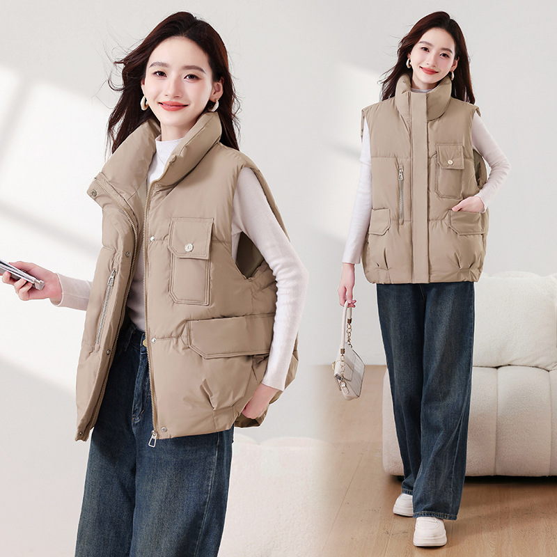 Invierno nuevo color sólido moda casual versátil delgado suelto cuello de pie grueso abrigo de algodón de hombro chaleco