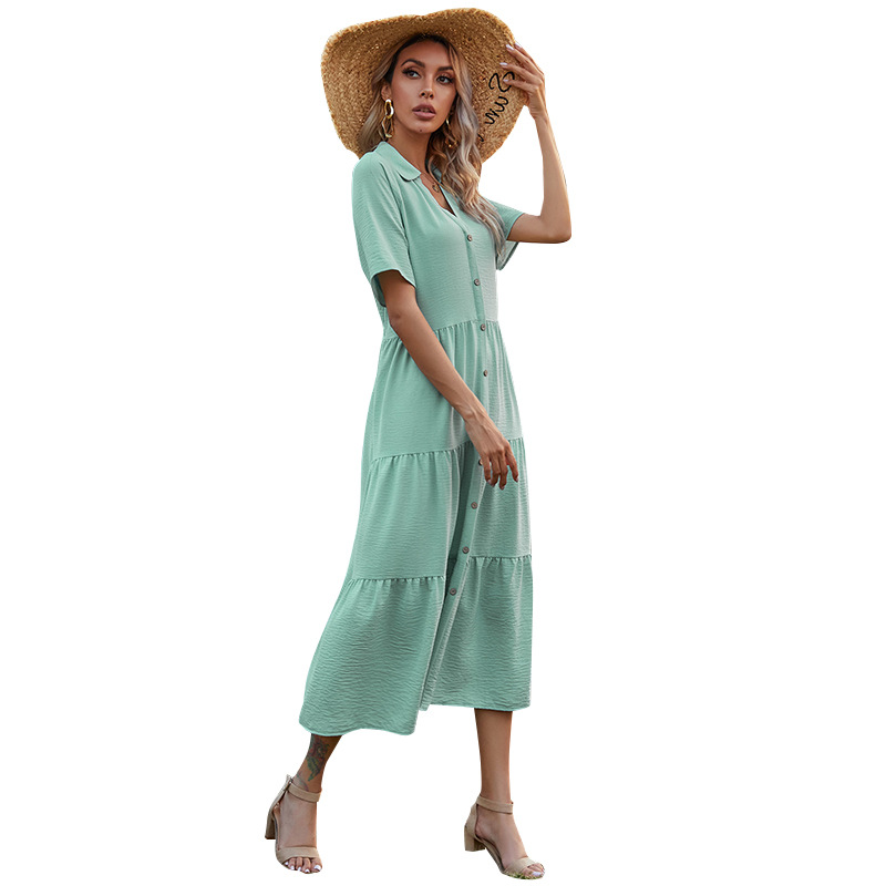 short-sleeved single breasted pure color long shirt dress NSMAN53268