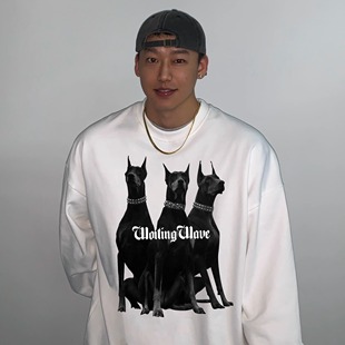 Trendy Brand American-style Crewneck Sweat Men's Autumn and Winter Doberman's Printed Loose Heavy-weight light gray Top