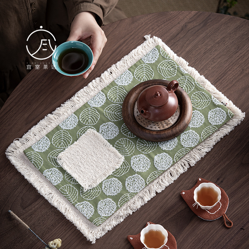 Yishi Tea Talk 手刺繍ティーマット ドライティーマット テーブルフラッグ ティーテーブルマット ティーカバー 茶道アクセサリー ティーポットマット 断熱マット|undefined