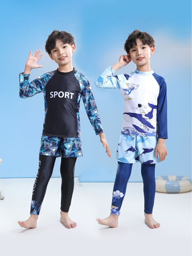 New children's swimsuit for boys and girls, long-sleeved trousers, three-piece sunscreen quick-drying suit, warm swimming suit for small and middle children