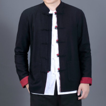 春秋季双面双重磅棉麻穿唐装中国风撞色休闲复古盘扣外套长裤套装