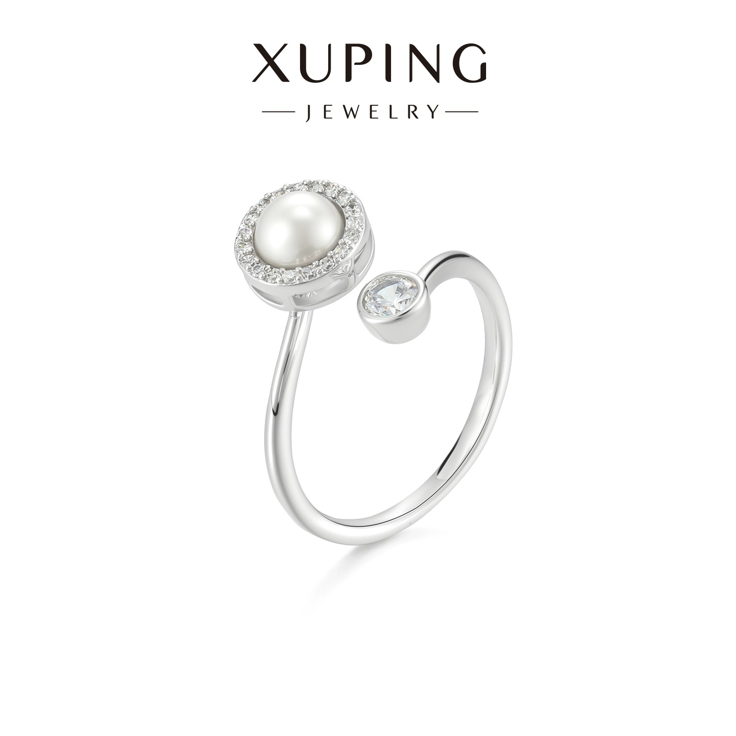Xuping estilo ligero lujoso anillo abierto de viento frío diseño de nicho de perla puede girar anillo de temperamento elegante mujer
