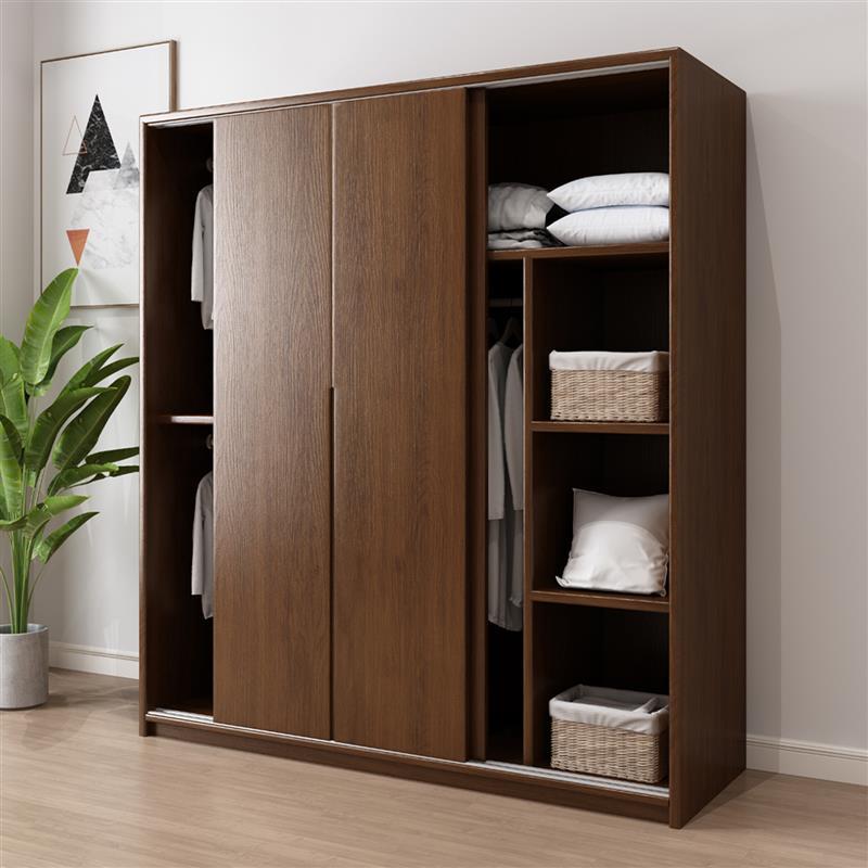 Nordic Light Luxury Solid Wood Sliding Door Wardrobe Home Bedroom Walnut Color Sliding Door Large Wardrobe Nordic Oak Sliding Door Cabinet