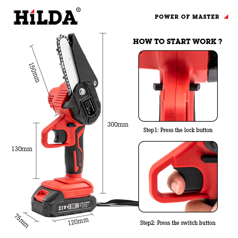 Motosierra de batería de litio HiLDA/Hilda, sierra para trabajar la madera, sierra para cortar madera, sierra eléctrica de 4 pulgadas con una sola mano, sierra para cortar madera de jardín