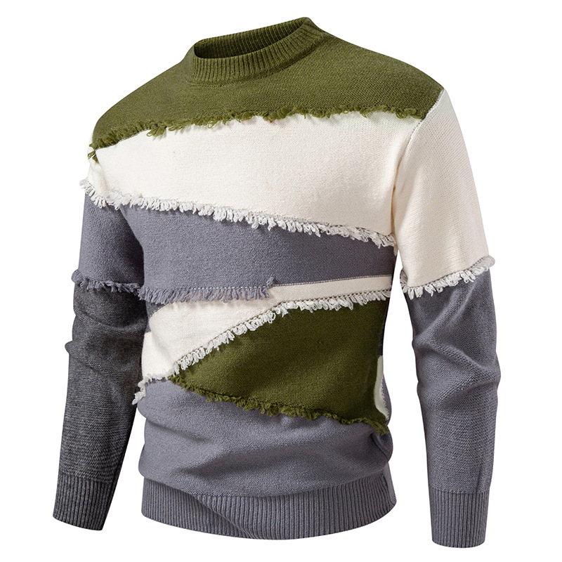 2025 Cross-Border Men's New Fashion Color-Blocked Patchwork Autumn and Winter Knit Sweater Men's Pullover Base Knitwear Trendy
