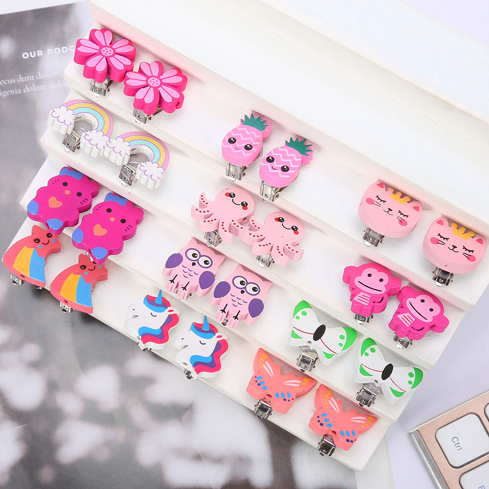 Cartoon Style Rabbit Unicorn Wood Stoving Varnish Womenu0027S Ear clips 1 Pair