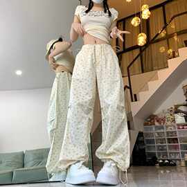 夏季美式碎花工装裤女春秋季新款宽松高腰休闲直筒阔腿抽绳休闲裤