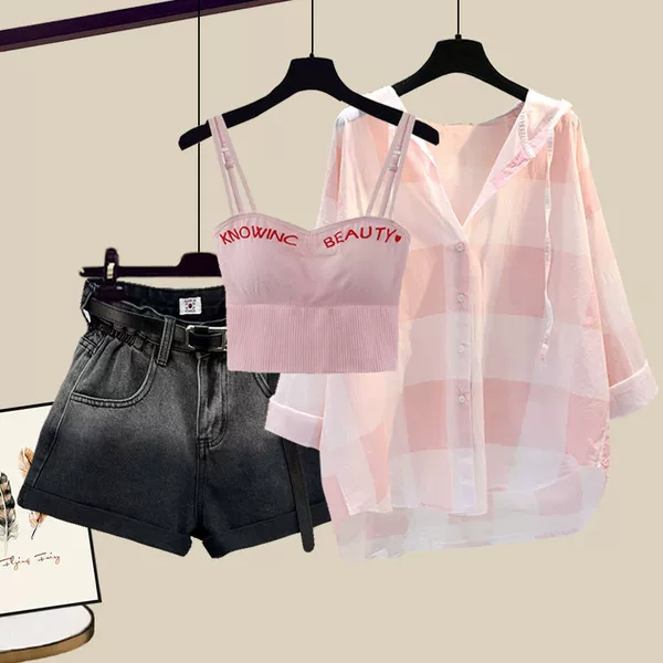 Shirt, vest, denim skirt, shorts, set, 3 piece set