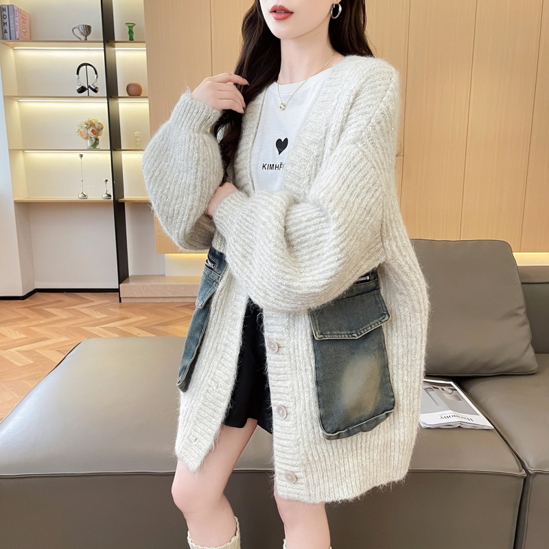 慵懒风牛仔口袋拼接毛衣开衫女2025年新款秋季中长款百搭针织外套|undefined