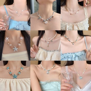 Bohemian style beach shell necklace imitation pearl starfish multi-layer necklace for women retro holiday style fishtail pendant