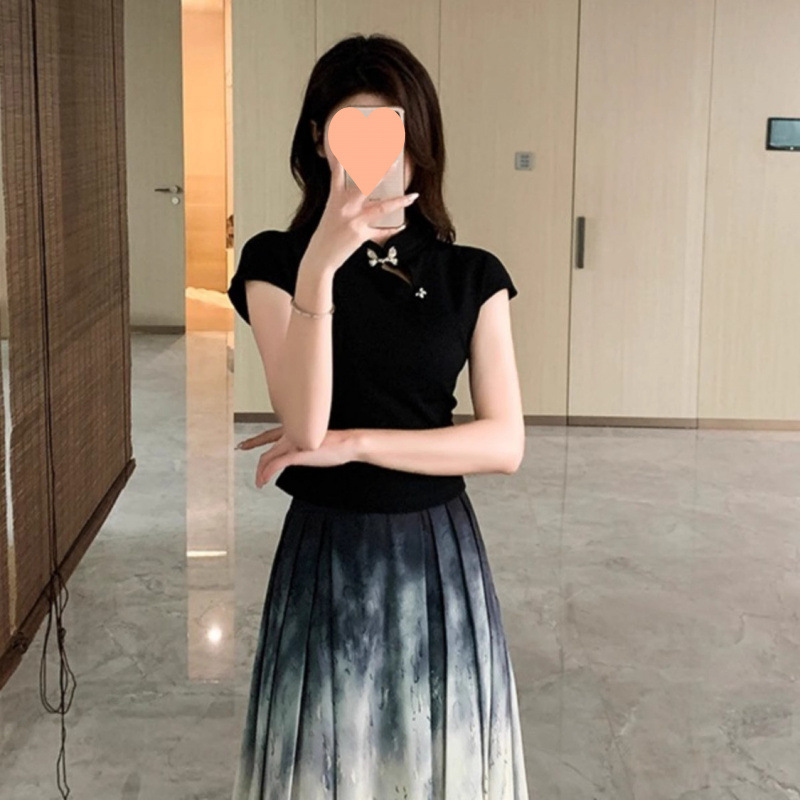 韓国の夏の新しい中国風のバタフライバックルスリム半袖トップ+水墨画スカートスーツ女性と路|undefined