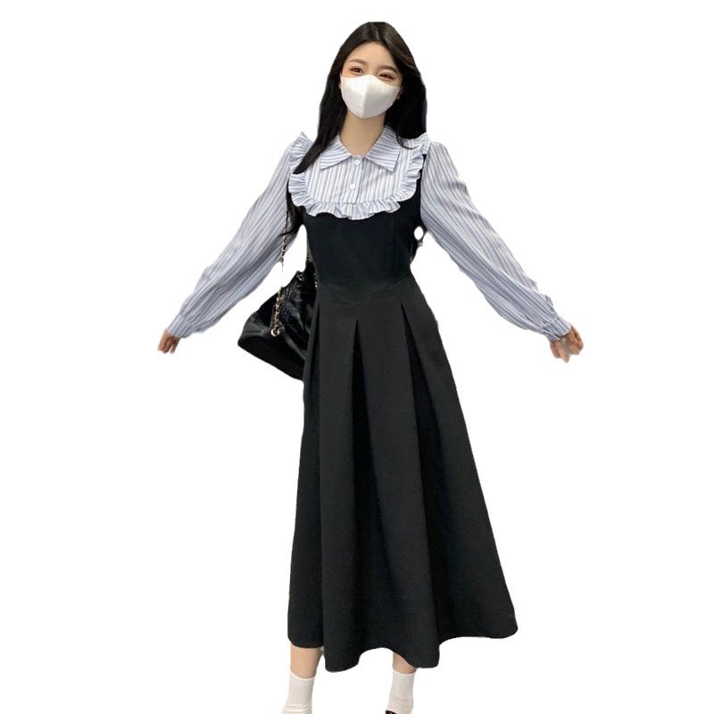 (2개) 플러스 사이즈 프랑스 가짜 투피스 원피스 여성 가을 헵번 스타일 우아한 작은 검은 원피스 통통녀 소외된 슬림 룩 원피스