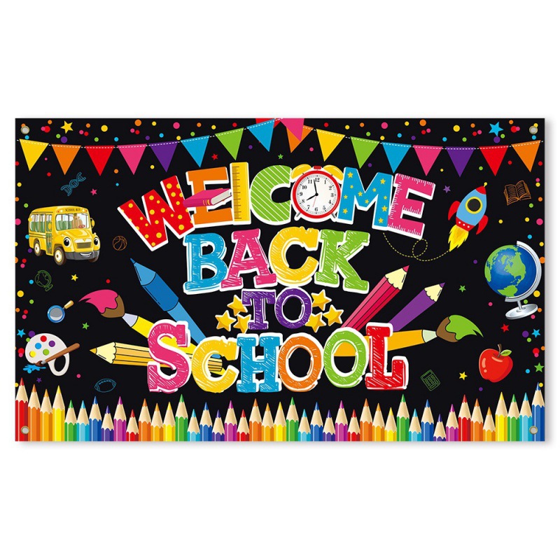 Nuevo fondo de decoración de regreso al campus, decoración de la temporada escolar de apertura, diseño de atmósfera, aula de pancartas, decoración colgante, fondo de tela