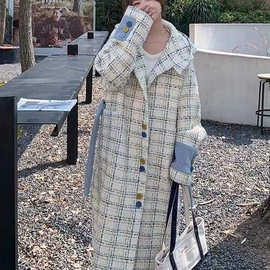 小香风格子呢子大衣女冬季2024年新款韩系设计感小众连帽毛呢外套