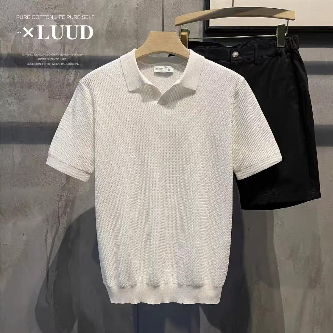 Verano nuevo suéter de punto de seda de hielo de manga corta para hombres camisa POLO delgada de negocios con cuello en V camiseta de moda comercio exterior al por mayor transfronterizo