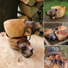 跨境动物熊狐狸鱼驯鹿野猪狼图案木制手工雕刻酒杯碗工艺品摆件