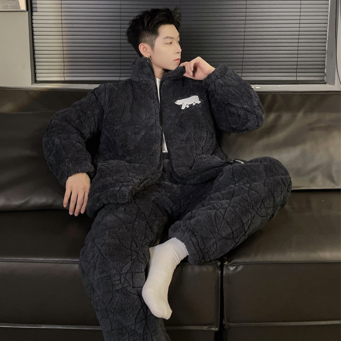 2024 otoño y invierno pijama de hombre coral de lana más lana gruesa chaqueta de algodón de transmisión en vivo manga larga conjunto de tres capas de algodón intercalado de calor