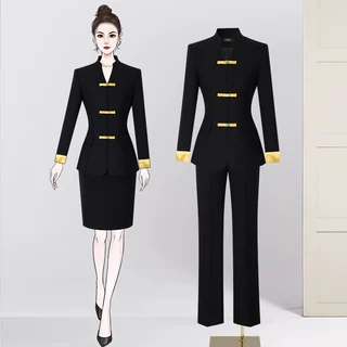 中式职业装套装黑色会所酒店接待工作服案场售楼处客服工装女春秋