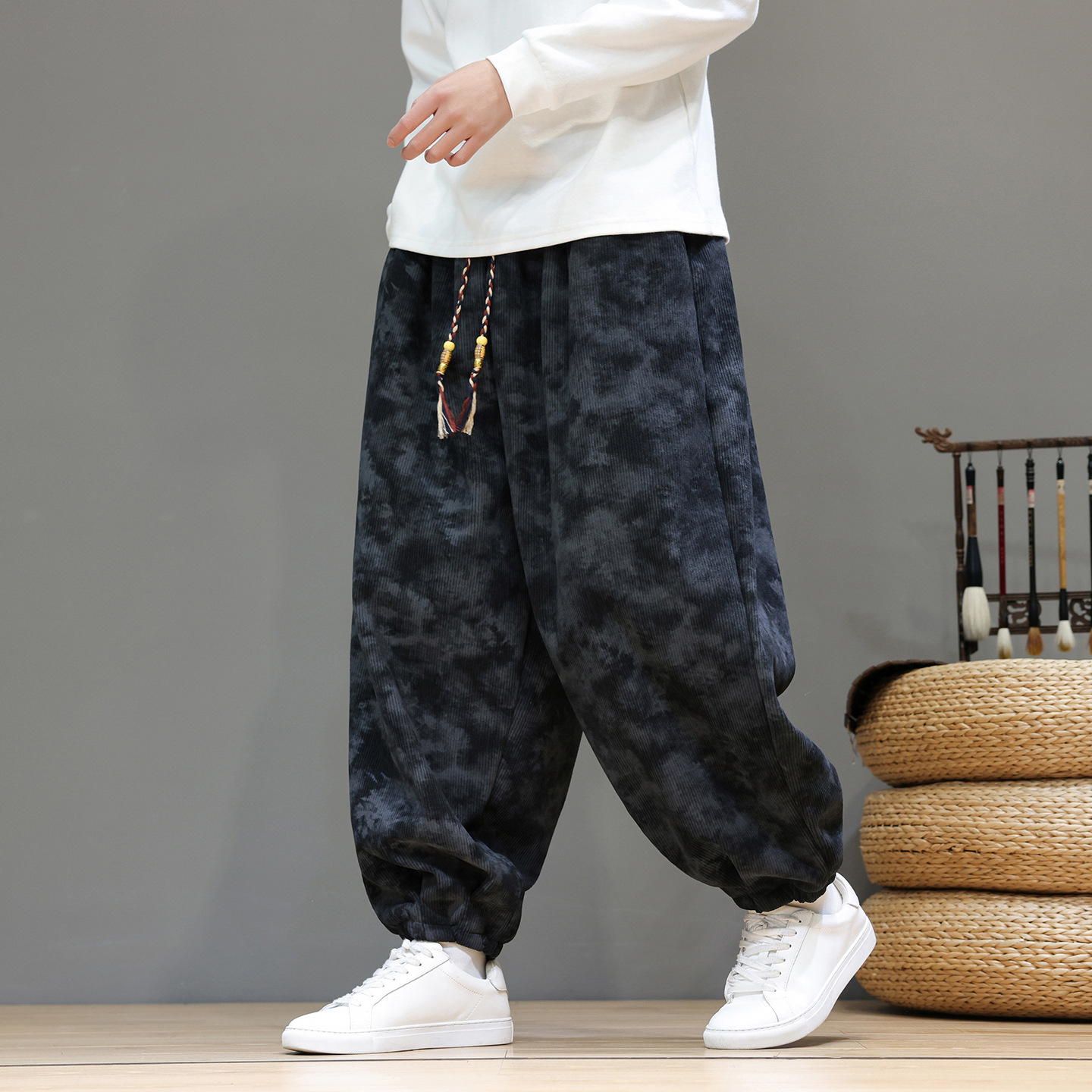 Chinese Style Men's Loose Lantern Pants Autumn and Winter Fleece-Lined Casual Long Pants with Cuffs Plus Size Harem Wide-Leg Pants