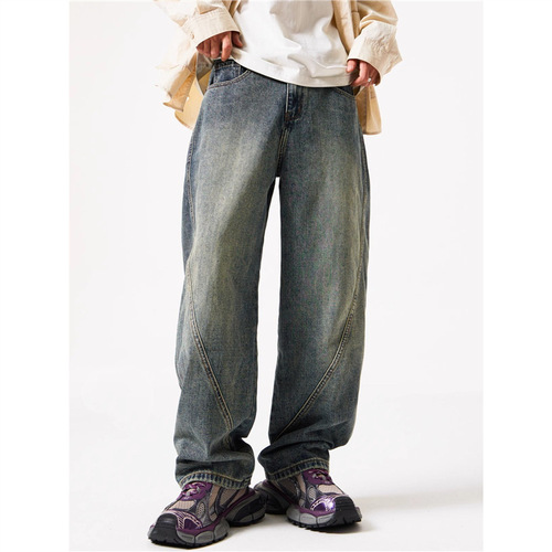 American Washed Bending Knife Workwear Jeans for Men, Autumn Trend Brand Splicing Loose Wide Leg Pants, High Street Straight Leg Casual Pants