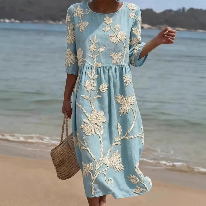 Amazon Cross-Border Best-Selling European and American Women's Clothing, Mid-Length Sleeve Dress with Side Pockets, Round Neck Dress, Loose Dress for Seaside Vacation