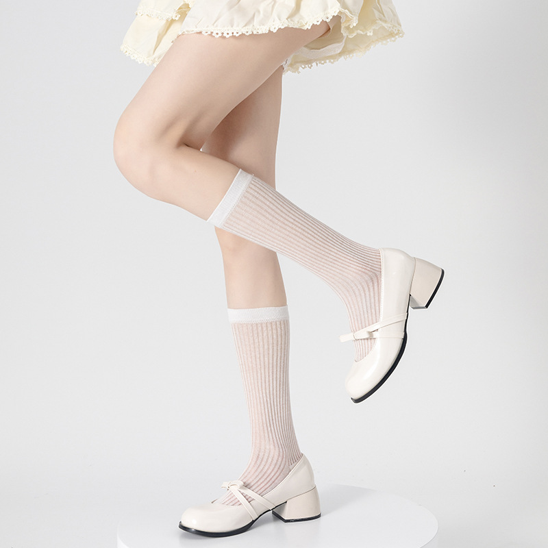 Zapatos y calcetines de ballet estilo Miu de algodón, calcetines finos de primavera y verano con rayas verticales que estilizan, calcetines largos de color puro estilo japonés para niñas.