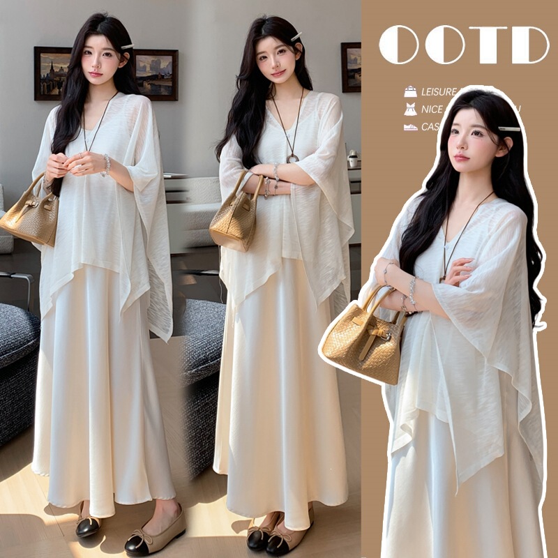Real Shot of Pregnant Women's Suspender Dress with a Stylish Look + Satin Maternity Outfit Set, Maternity Shawl Two-Piece Set, Apricot-Colored Top Real Shot of Pregnant Women's Suspender Dress with a Stylish Look + Satin Maternity Outfit Set, Maternity Shawl Two-Piece Set, Apricot-Colored Top