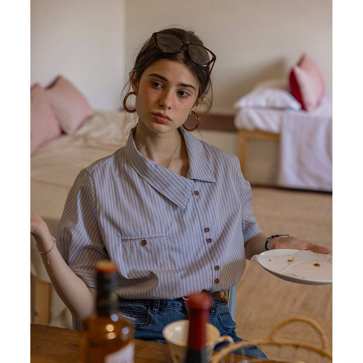 “Berlin Trajectory” French Yarn-Dyed Blended Stripesd Slant Collar Short-Sleeved Design Shirt