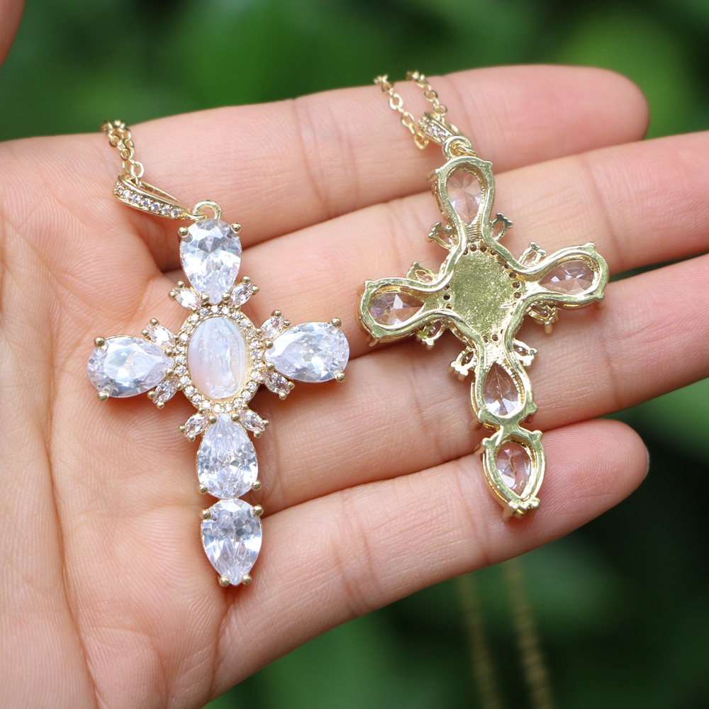 retro Catholic cross copper micro-set zircon shell copper necklace pendant jewelry