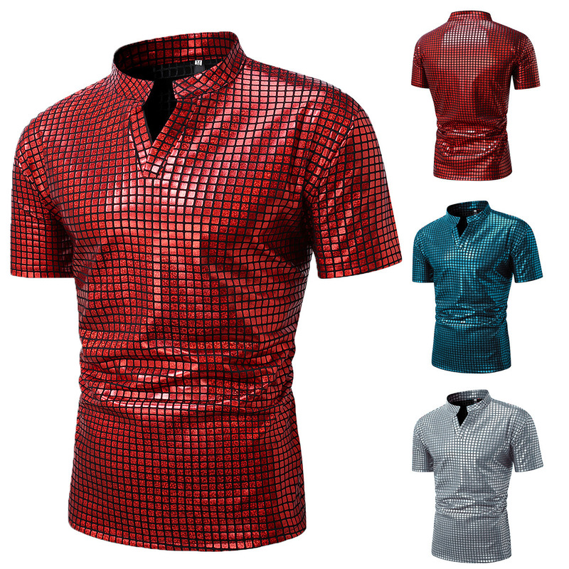2025 Men's Glossy Short Sleeve Polo Shirt 70S Disco Party Cosplay Fashion Clothing Men's