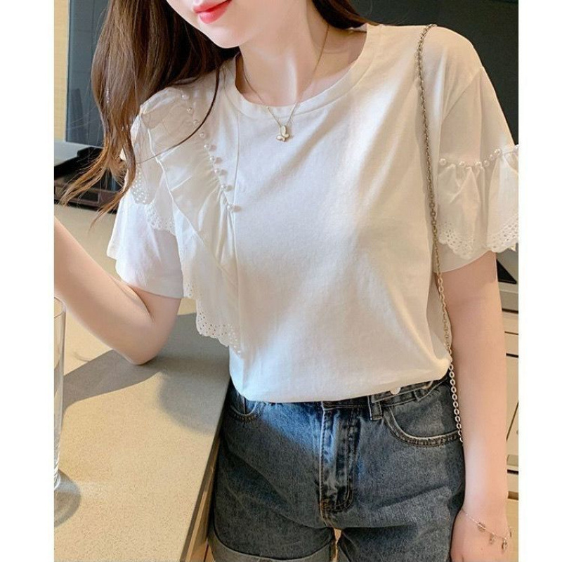 春夏の新デザイン、西洋スタイル、ヘビービーズ、ファッショナブルで多用途な韓国スタイルの女性用快適な半袖シャツトップ|undefined