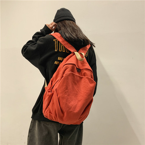加厚帆布书包日系原宿潮流初中生大学生背包简约纯色复古双肩包女