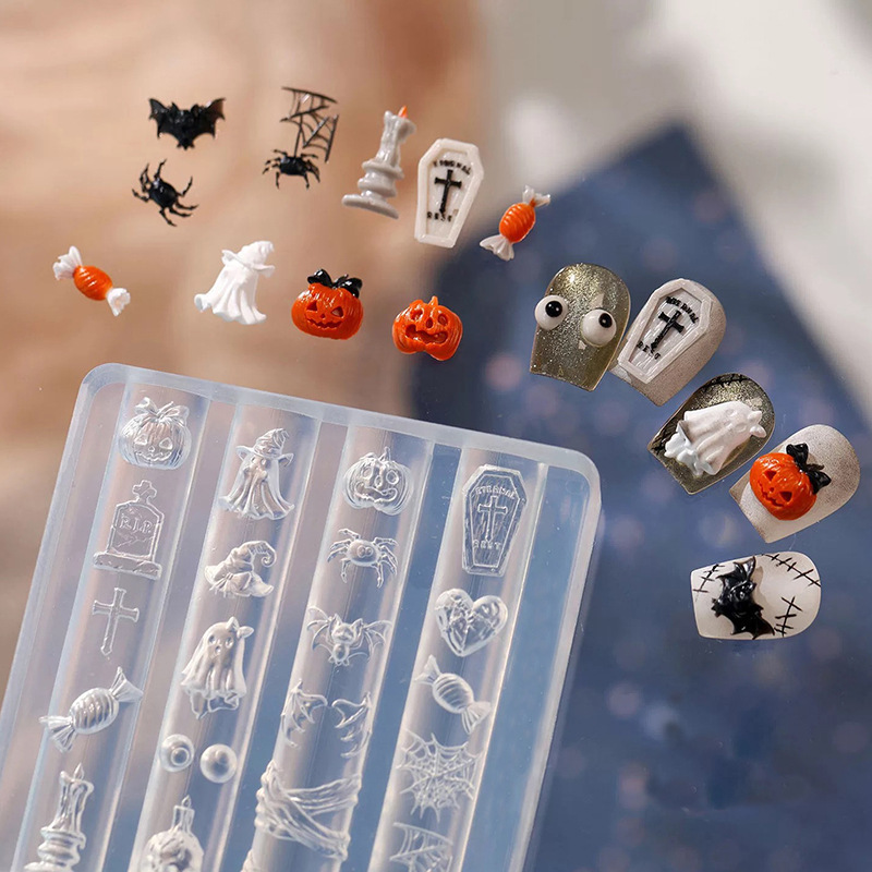 Cross-border Halloween-themed nail art silicone molds with ghost, spider, pumpkin, and cross designs for nail decoration