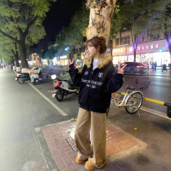 美式复古毛绒领拼接连帽卫衣女秋冬加绒加厚休闲宽松拉链开衫外套