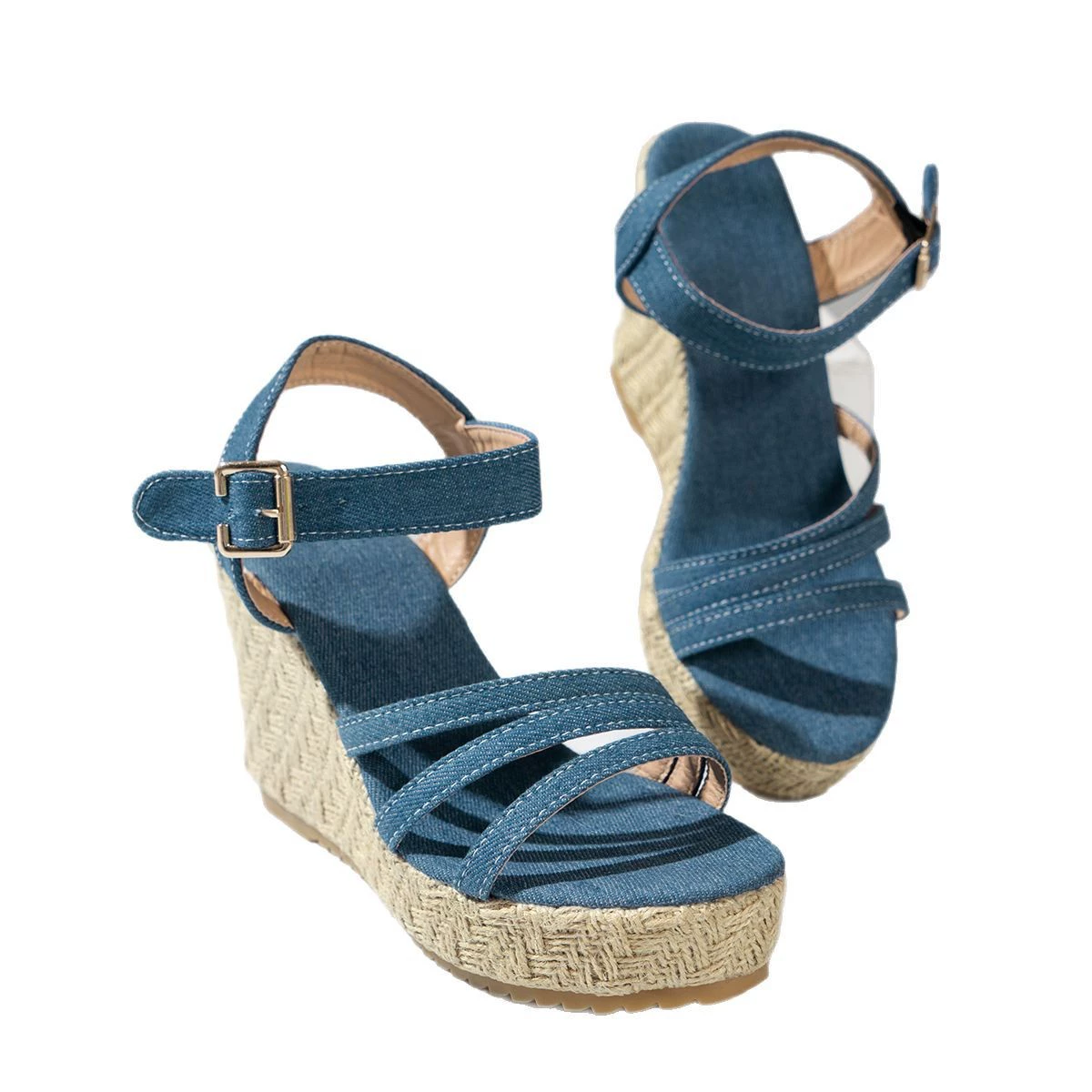 Women’s summer platform wedge sandals, straw platform, blue, sizes 36–42
