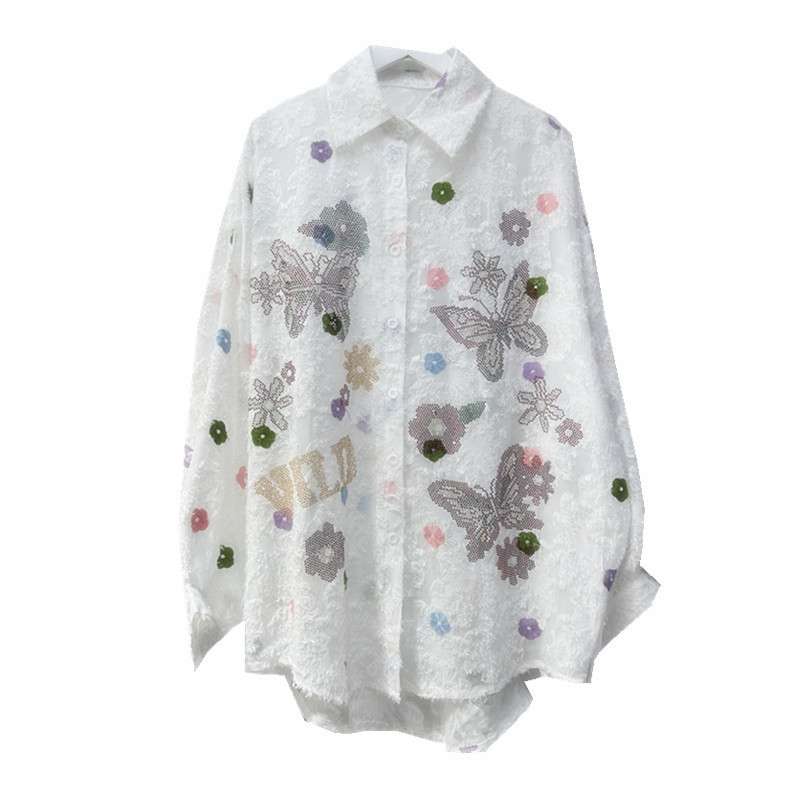 2024 New Autum Heavy Industry Hot Diamond Embroider Long-Sleeved Flocking Loose and Cute Age-Reducing Casual Fashion Women's Shirt